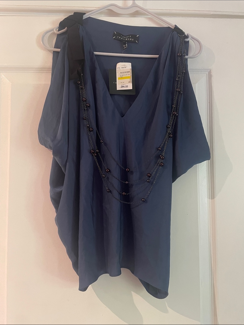 $286 Robert Rodriguez Navy Beaded Cold-Shoulder Blouse Size 8
